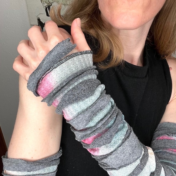 Mummy Bandage Gloves Pink Tie Dye Lace Up Arm Warmers Gray Ripped Whimsygoth Psy - Picture 6 of 11
